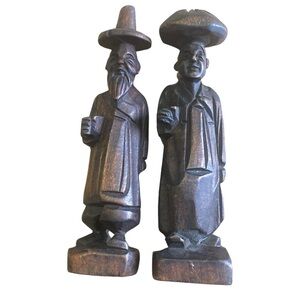 Vintage Hand Carved Wood Korean Couple Man & Woman Figures Sculptures 6”